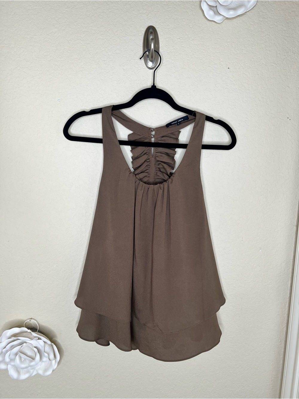 NTM: Naked Zebra Taupe Ruffle Open Back Layered Chiffon Tank Top S